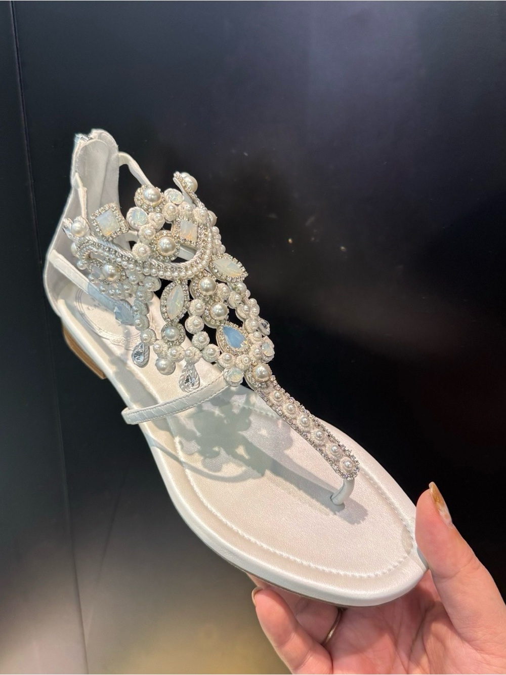 Rene caovilla Embellished White Pearl T-Strap Sandal